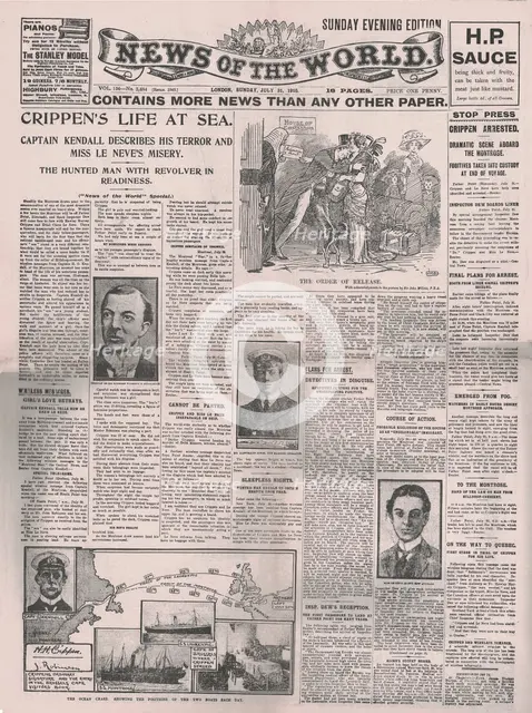 'Crippen's Life at Sea', front page of the "News of the World", 31 July 1910. Creator: Unknown.