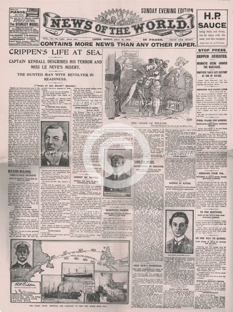 'Crippen's Life at Sea', front page of the "News of the World", 31 July 1910. Creator: Unknown.