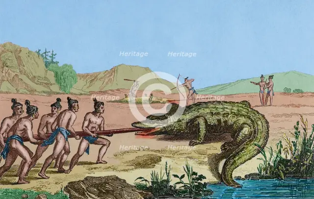 Crocodile hunting, Florida, 16th century French expedition, (1837), (1850).   Creator: Claude-Francois Fortier.