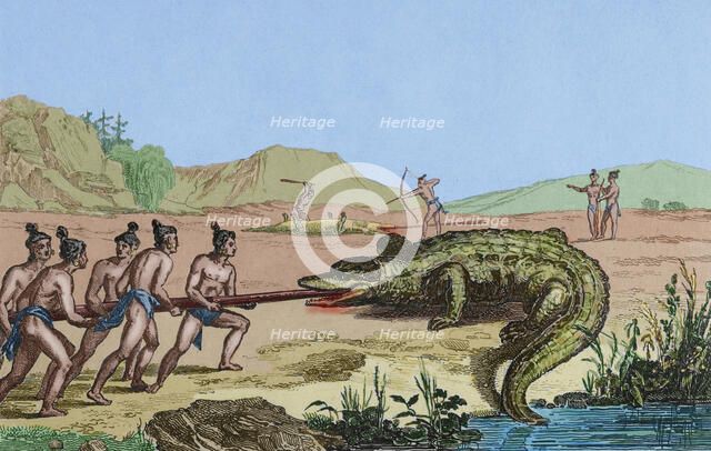 Crocodile hunting, Florida, 16th century French expedition, (1837), (1850).   Creator: Claude-Francois Fortier.