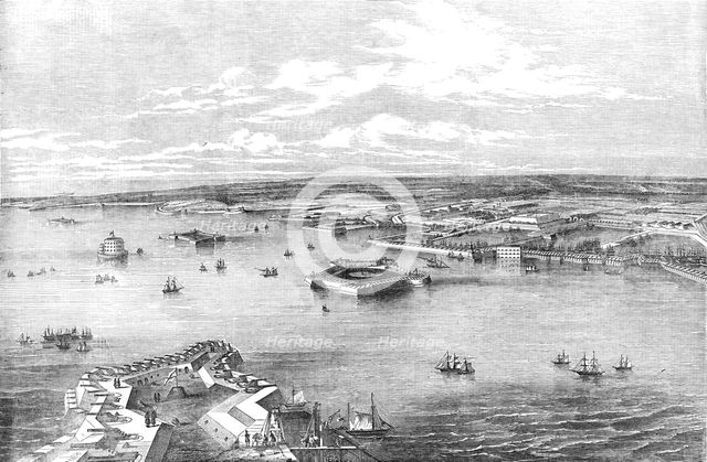 Cronstadt, from the Narrow Part of the Channel nearest St. Petersburg, drawn by E.T. Dolby, 1854. Creator: Unknown.