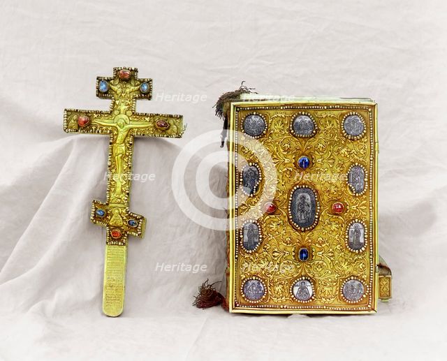 Cross and the Gospel; gift from Tsar Mikhail Feodorovich, vestry of the Assumption Cathedral...1911. Creator: Sergey Mikhaylovich Prokudin-Gorsky.