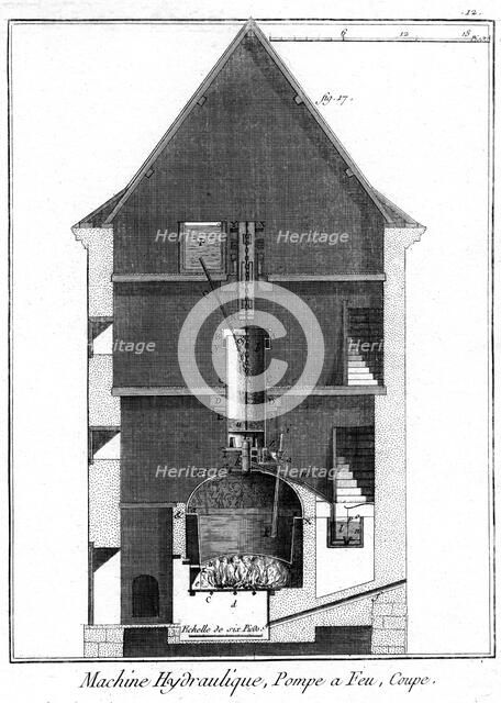 Cross section of a Newcomen-type steam engine attributed to Jean-Rodolphe Perronet, 1767. Artist: Unknown