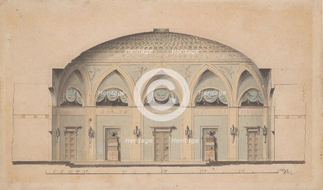 Cross-Section of a Domed Room with Urns and Candelabra, ca. 1800. Creator: Anon.