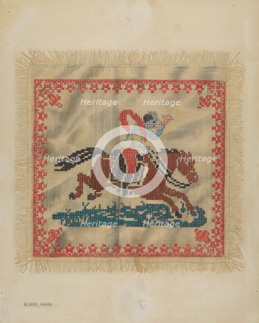 Cross-Stitch Antimacassar, c. 1937. Creator: Elmer Weise.