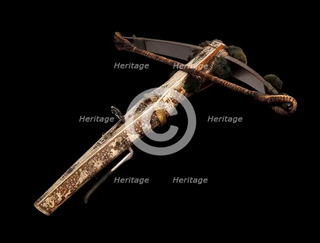 Crossbow (Halbe Rüstung) with Winder (Cranequin), crossbow, German, probably Dresden... Creator: Johann Gottfried Hanisch.