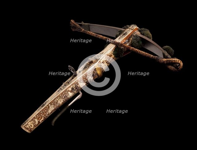 Crossbow (Halbe Rüstung) with Winder (Cranequin), crossbow, German, probably Dresden... Creator: Johann Gottfried Hanisch.