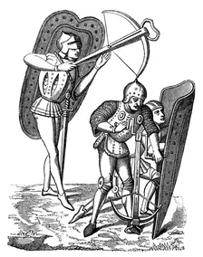 Crossbowman protected by shield bearers, 15th century, (1870)