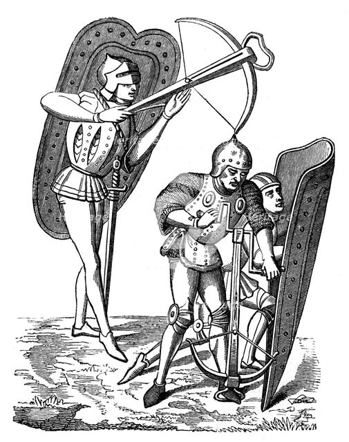 Crossbowman protected by shield bearers, 15th century, (1870). Artist: Unknown