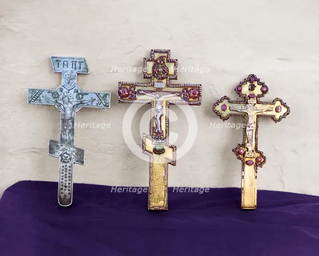 Crosses - A gift from Fedor, Kirill and Nataliia Naryshkin, Trinity Monastery, Aleksandrov, 1911. Creator: Sergey Mikhaylovich Prokudin-Gorsky.