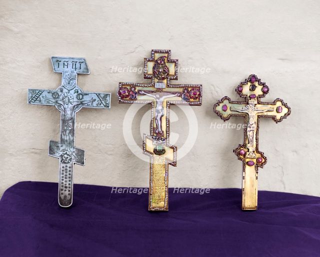 Crosses - A gift from Fedor, Kirill and Nataliia Naryshkin, Trinity Monastery, Aleksandrov, 1911. Creator: Sergey Mikhaylovich Prokudin-Gorsky.