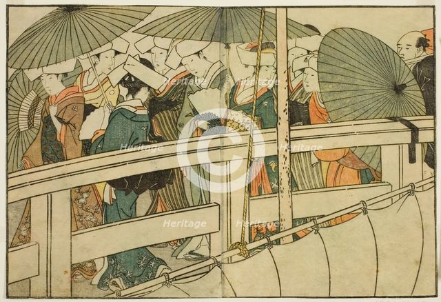 Crossing a Bridge in Summer, from the illustrated book "Picture Book: Flowers of the Four..., 1801. Creator: Kitagawa Utamaro.