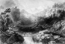 Crossing by a Sangha, near Jumnootree 1838. Creator: George Francis White