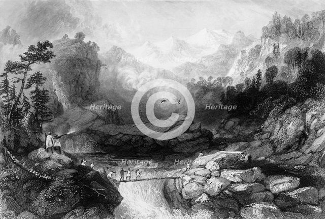 'Crossing by a Sangha, near Jumnootree', 1838. Creator: George Francis White.