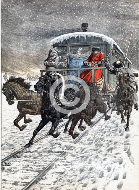 Crossing of Russian military wagons on Lake Baikal, during the Russo - Japanese war of 1904, draw…