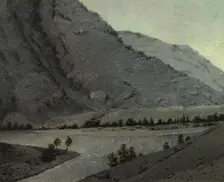 Crossing Over the River Katun Above Angudaia. View From the North. Altai, 1850-1899. Creator: Pavel Mikhailovich Kosharov