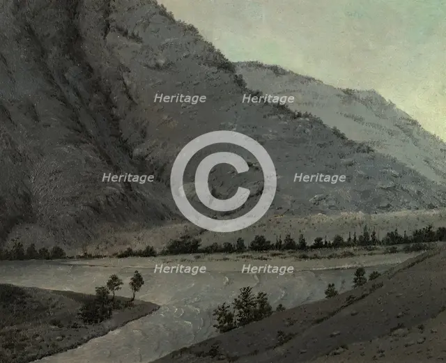 Crossing Over the River Katun' Above Angudaia. View From the North. Altai, 1850-1899. Creator: Pavel Mikhailovich Kosharov.