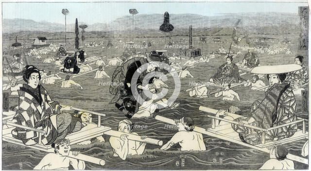 Crossing the Oho-e-ga-wa, in the province of Suraga, 1856. Artist: Unknown