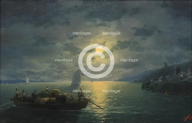 Crossing the Dnepr River at Moonlit Night, 1897. Artist: Aivazovsky, Ivan Konstantinovich (1817-1900)
