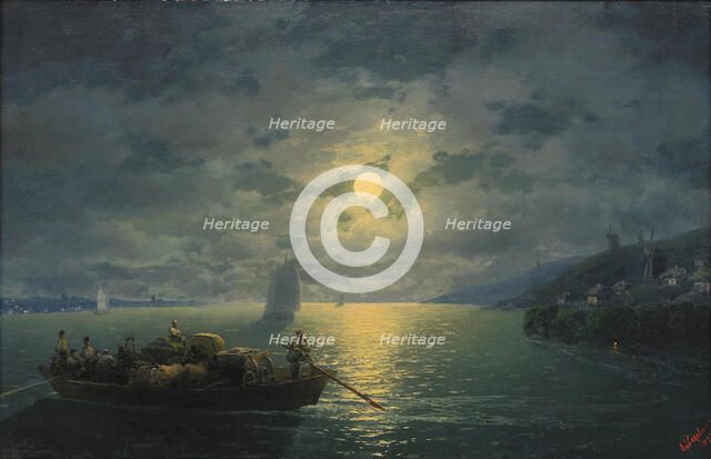 Crossing the Dnepr River at Moonlit Night, 1897. Artist: Aivazovsky, Ivan Konstantinovich (1817-1900)