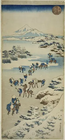 Crossing the Frozen Suwa Lake in Shinano Province (Shinshu Suwa kosui kori watari), Japan, c.1833/34 Creator: Hokusai