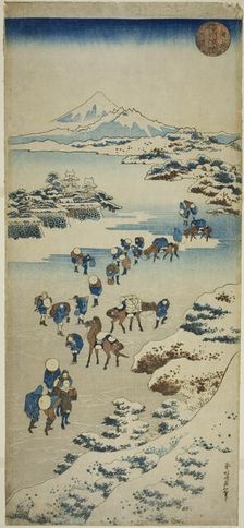 Crossing the Frozen Suwa Lake in Shinano Province (Shinshu Suwa kosui kori watari), Japan, c.1833/34 Creator: Hokusai