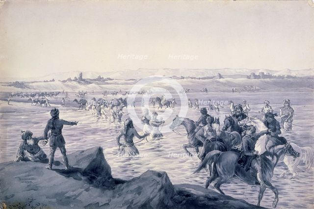 Crossing the Helmund at Chahar Burjak, Afghanistan, 1884. Creator: Sir Edward Law Durand.