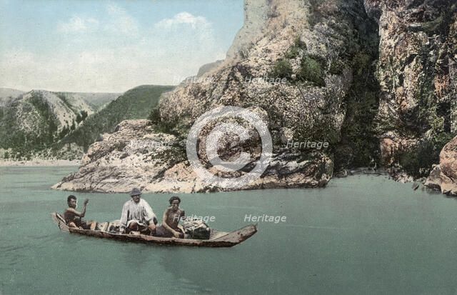 Crossing the Katun River on a Dugout Canoe near Dzhir-Bom, Above the Mouth of the Chui..., 1911-13. Creator: Sergei Ivanovich Borisov.