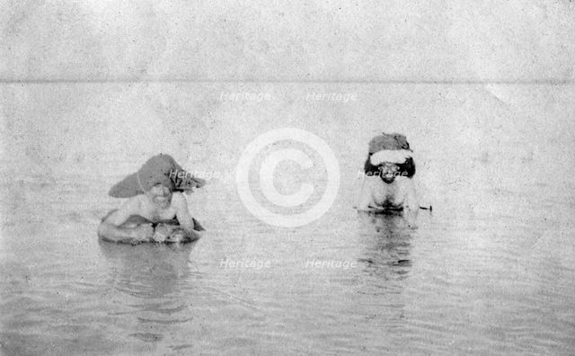 Crossing the Tigris river on inflated goat skins, 1918. Artist: Unknown