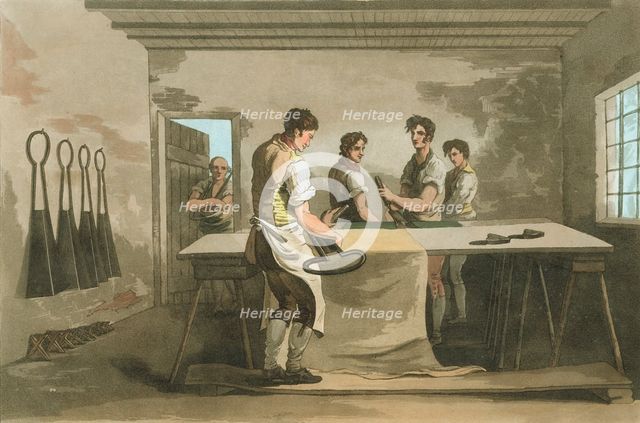 Cropping wool to give an even pile after nap had been raised, 1814. Creator: Unknown.