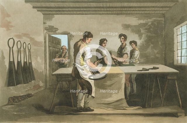 Cropping wool to give an even pile after nap had been raised, 1814. Artist: Unknown