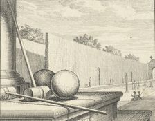 Croquet Attributes with croquet players in the background, 1714. Creator: Vinne, Vincent Laurensz, van der (1629-1702)