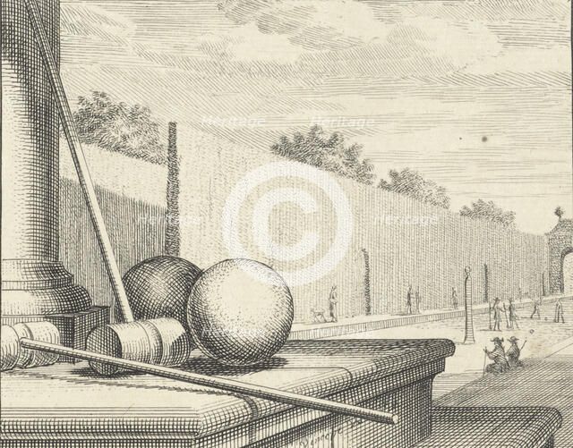 Croquet Attributes with croquet players in the background, 1714. Creator: Vinne, Vincent Laurensz, van der (1629-1702).