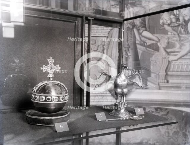 Crown Jewels of the United Kingdom - replicas of the orb, ampulla and anointing spoon, c1953.  Creator: Arthur Charles Kirby Ware.
