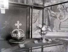 Crown Jewels of the United Kingdom - replicas of the orb, ampulla and anointing spoon, c1953. Creator: Arthur Charles Kirby Ware