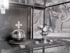 Crown Jewels of the United Kingdom - replicas of the orb, ampulla and anointing spoon, c1953. Creator: Arthur Charles Kirby Ware
