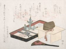 Crown on a Table, Lacquer Tray with Young Pine and Fan, 19th century., 19th century. Creator: Shinsai