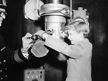Crown Prince Carl Gustaf of Sweden on a submarine at an exhibition, Stockholm, Sweden, 1956