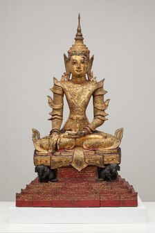 Crowned and Bejewelled Buddha Seated on an Elephant Throne, Late 19th century. Creator: Unknown