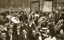 Crowd celebrating the Kaiser's proclamation of war against Great Britain, Berlin, 4 August, 1914. Creator: S and G