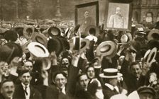 Crowd celebrating the Kaiser's proclamation of war against Great Britain, Berlin, 4 August, 1914. Creator: S and G
