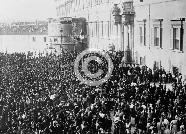 Crowd cheering before Quirinal after attempt on King of Italy's life, between c1910 and c1915. Creator: Bain News Service.