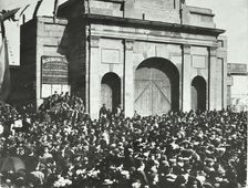 Crowd outside the closed East India Dock Gates, Poplar, London, 1897