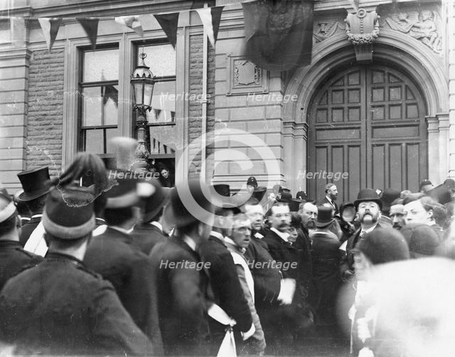 Crowd outside Buxton Town Hall, Derbyshire, c1900s(?). Creator: Unknown.