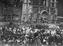 Crowd outside church allowing funeral cortege of King Leopold to pass, Belgium, 1910. Creator: Bain News Service