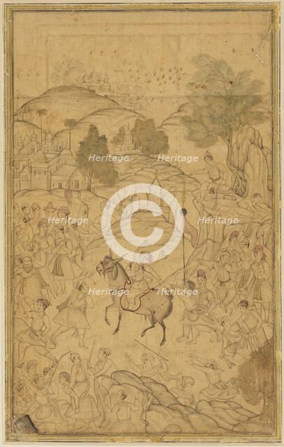 Crowd scene with mounted figure, 16th century. Artist: Unknown.