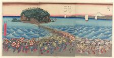 Crowd Visiting Benzaiten Shrine at Enoshima in Sagami Province (Soshu Enoshima..., c. 1847/52. Creator: Ando Hiroshige