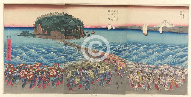Crowd Visiting Benzaiten Shrine at Enoshima in Sagami Province (Soshu Enoshima..., c. 1847/52. Creator: Ando Hiroshige.