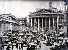 Crowded street scene in front of the Royal Exchange, London, c1900