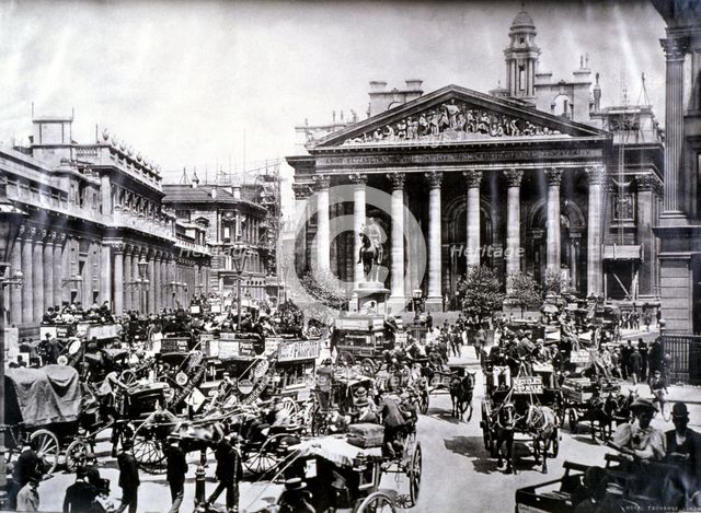 Crowded street scene in front of the Royal Exchange, London, c1900. Artist: Unknown